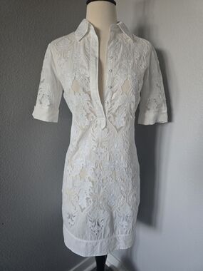Elie Tahari Lace Embroidered White Cotton Shirt Dress $698 XS Small Bridal